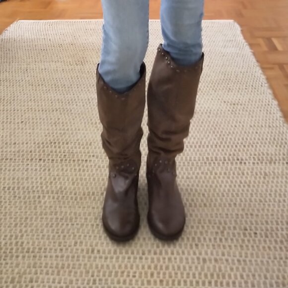 Tall Western Slouchy Leather Boots Sz 7.5  Studded Brown - Picture 3 of 14